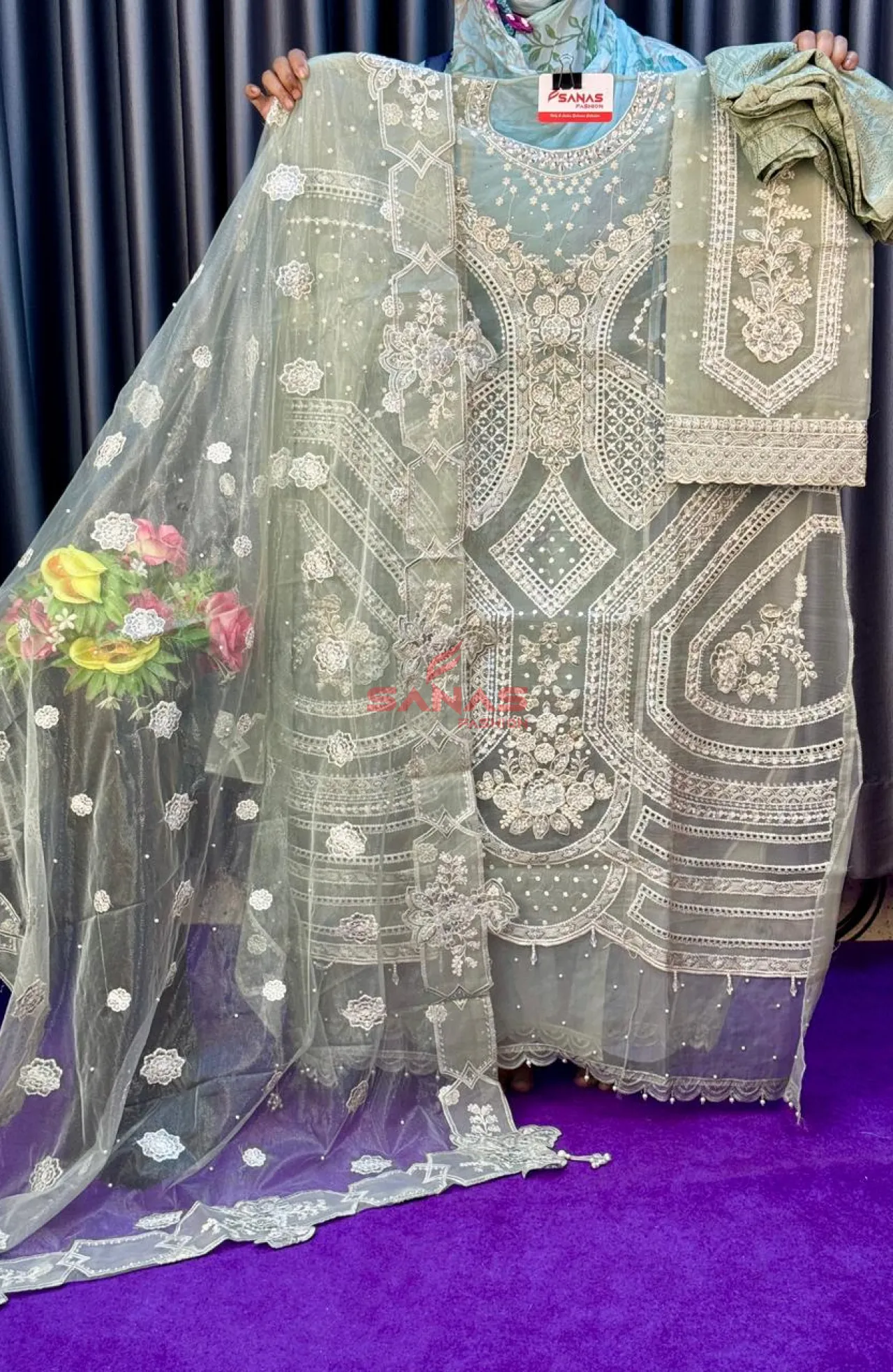 Original Pakistani Semi Stitched Luxury Organza 3ps With Hand Work (P-8DAE)