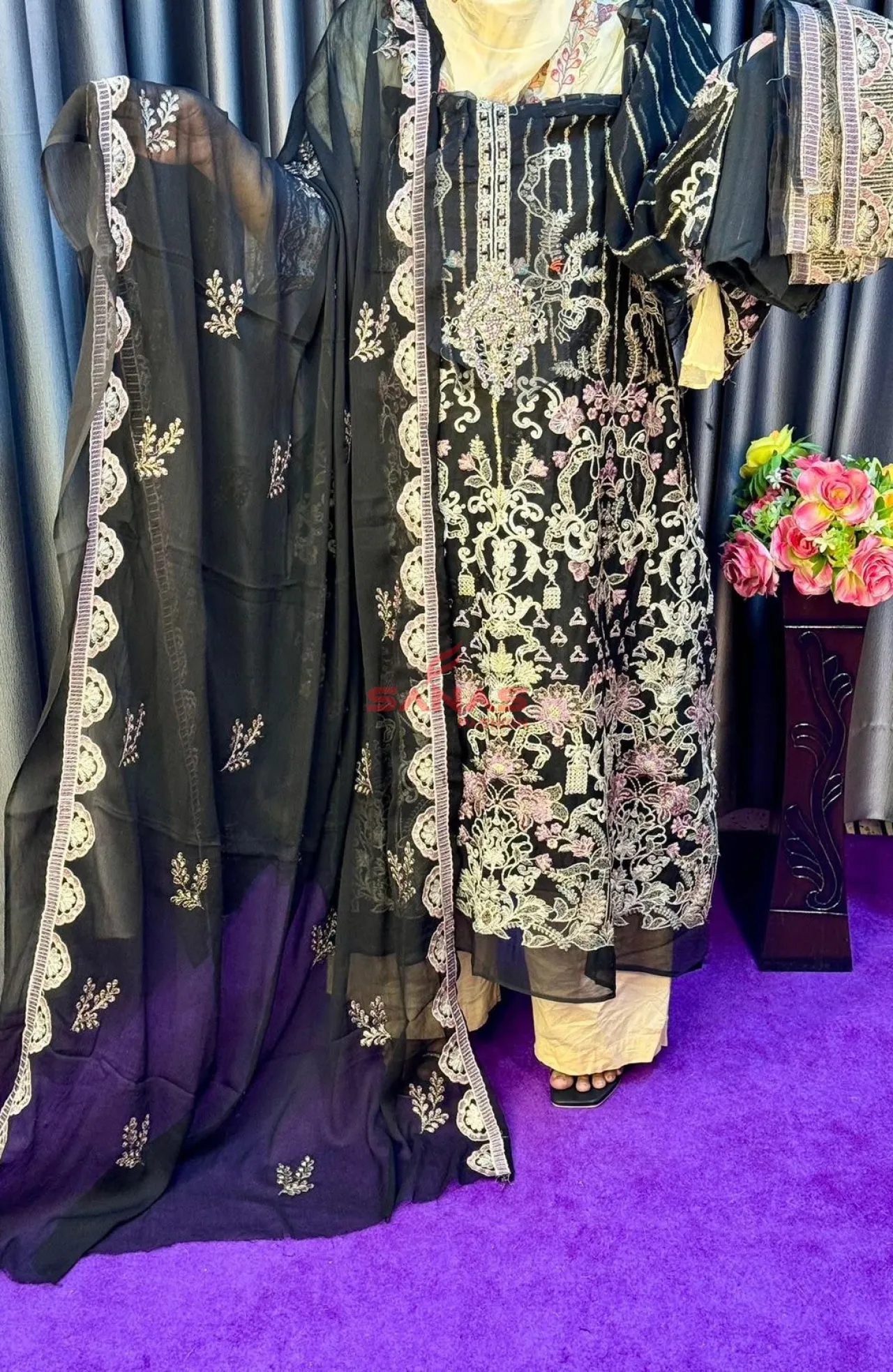 Original Pakistani Unstitch Premium Chiffon 3ps with Hand Work (P-93F1)